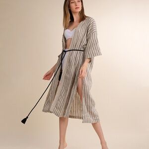 Simpuna Beige Black Striped Linen Blend Kimono with Rope Belt